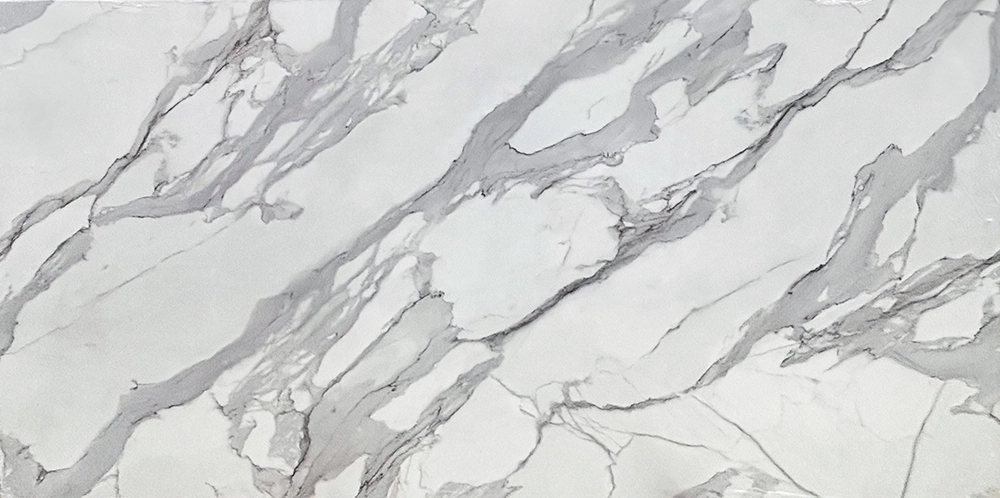 Calacatta Alani, printed quartz, full slab, engineered surface